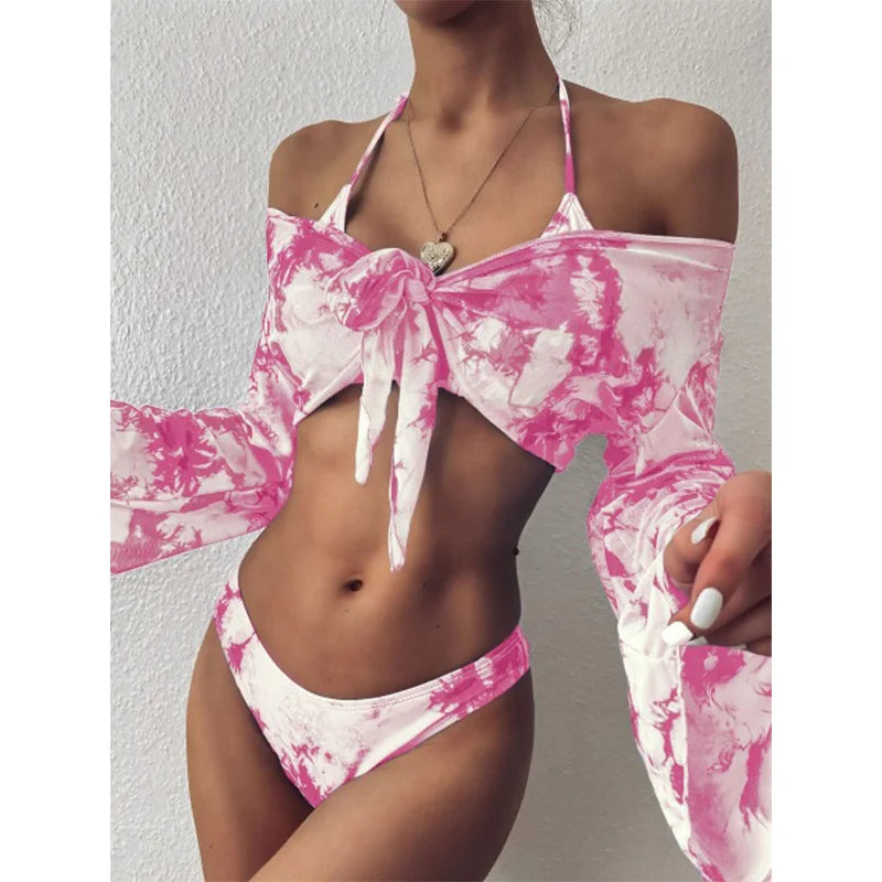 Bikini brasileño con estampado de leopardo para mujer, traje de baño de 3 piezas con estampado de leopardo, acolchado con realce, Tanga de manga larga diferentes colores.
