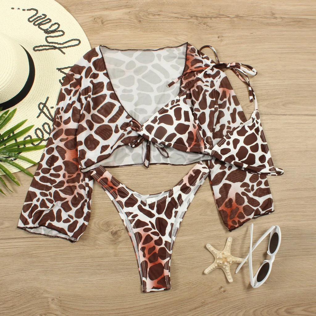 Bikini brasileño con estampado de leopardo para mujer, traje de baño de 3 piezas con estampado de leopardo, acolchado con realce, Tanga de manga larga diferentes colores.