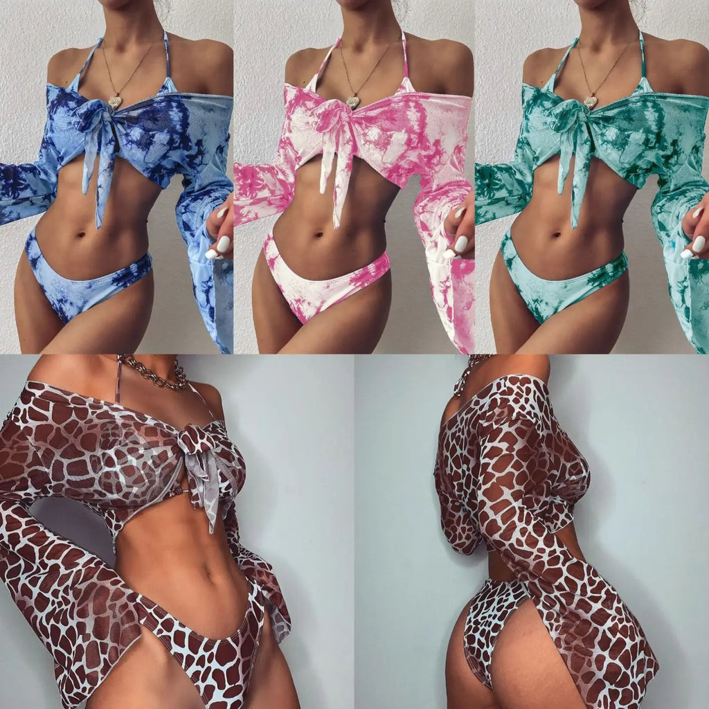 Bikini brasileño con estampado de leopardo para mujer, traje de baño de 3 piezas con estampado de leopardo, acolchado con realce, Tanga de manga larga diferentes colores.