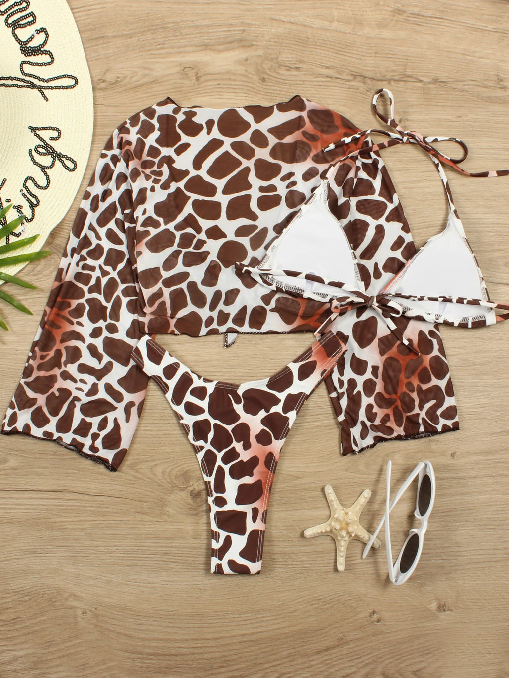 Bikini brasileño con estampado de leopardo para mujer, traje de baño de 3 piezas con estampado de leopardo, acolchado con realce, Tanga de manga larga diferentes colores.