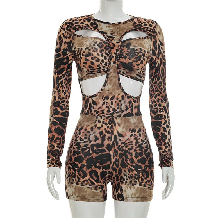 Jiubaju Sexy Leopard Print Bodycon Rompers Women O Neck Long Sleeves Hollow Out Fake Two Pieces Jumpsuit