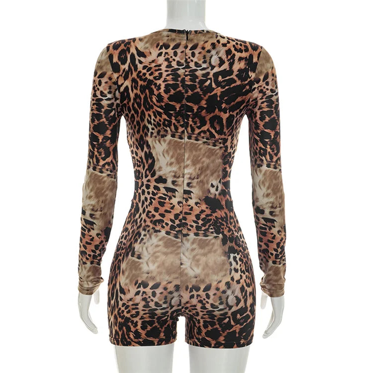 Jiubaju Sexy Leopard Print Bodycon Rompers Women O Neck Long Sleeves Hollow Out Fake Two Pieces Jumpsuit