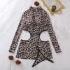 Sexy Women Leopard Print High Neck Full Sleeve Skinny Stretch Mini Dress with Thong Side Hollow Out Lingerie Dress Clubwear