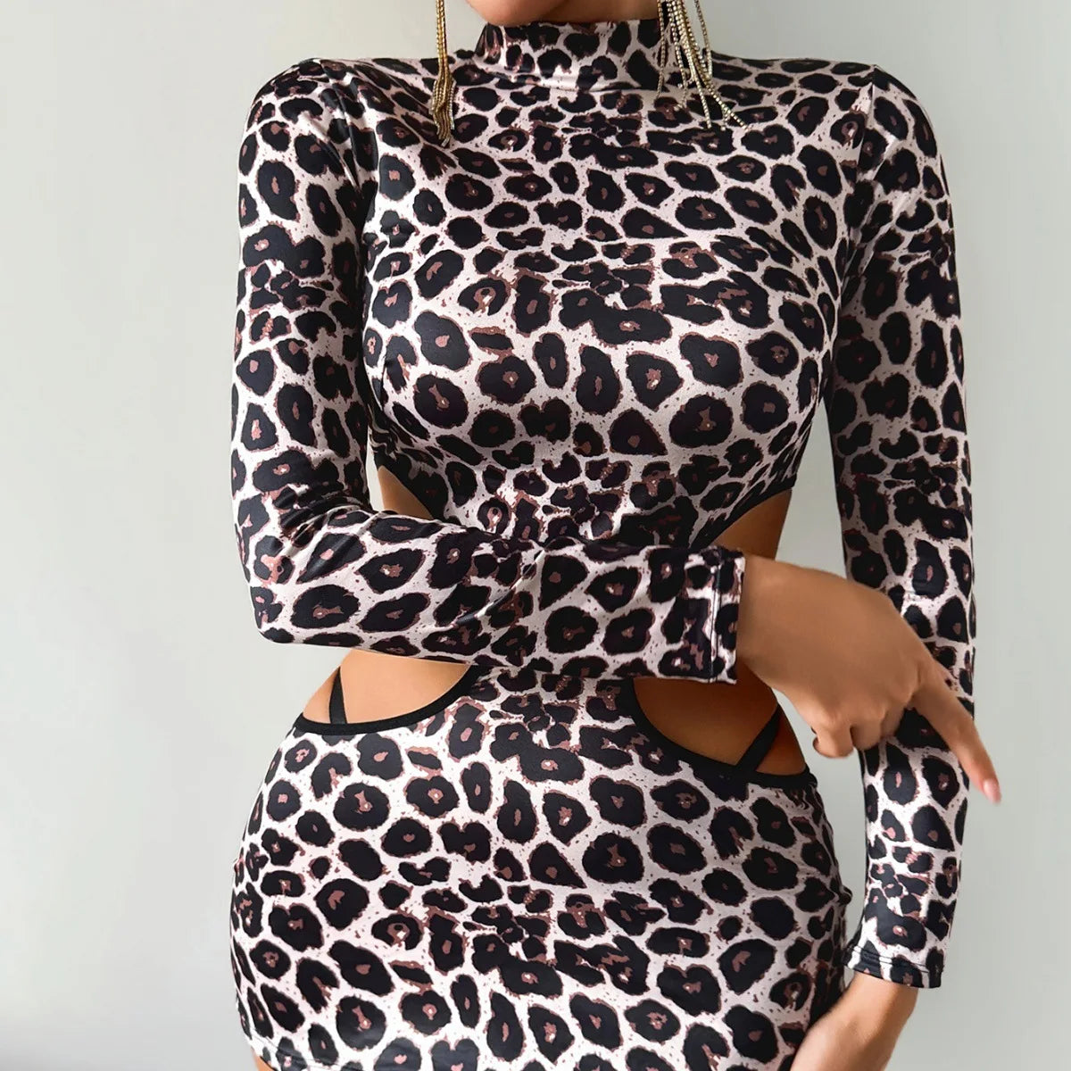 Sexy Women Leopard Print High Neck Full Sleeve Skinny Stretch Mini Dress with Thong Side Hollow Out Lingerie Dress Clubwear
