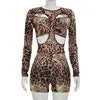 Jiubaju Sexy Leopard Print Bodycon Rompers Women O Neck Long Sleeves Hollow Out Fake Two Pieces Jumpsuit