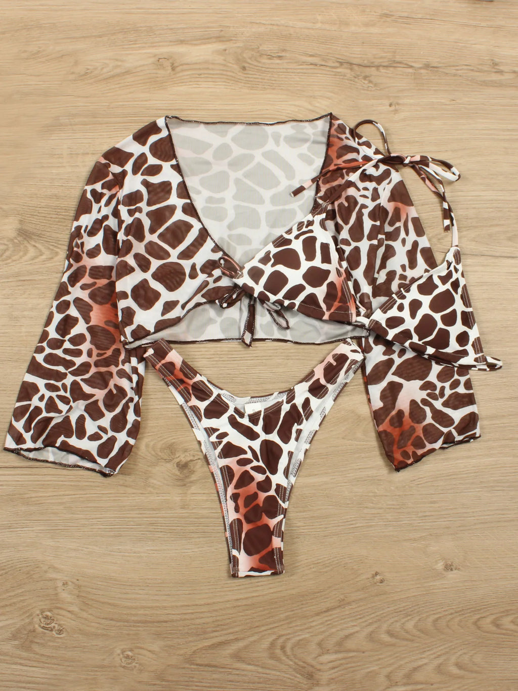 Bikini brasileño con estampado de leopardo para mujer, traje de baño de 3 piezas con estampado de leopardo, acolchado con realce, Tanga de manga larga diferentes colores.