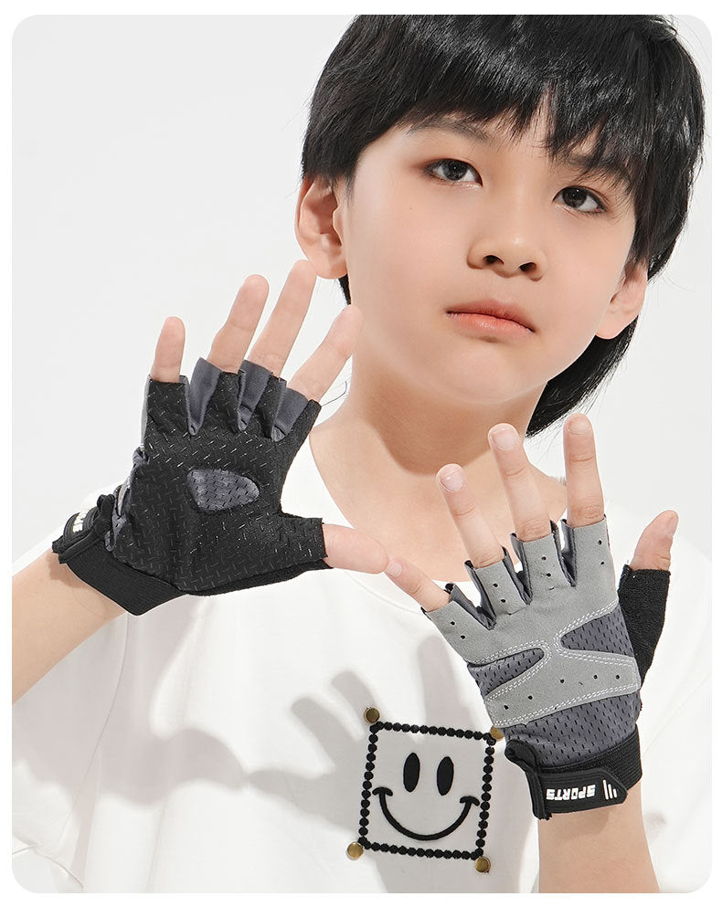 Guantes infantiles de medio dedo para verano: finos, transpirables, absorbentes del sudor y antideslizantes; ideales para actividades al aire libre, ciclismo, skate, fitness y patinaje. -> Children's Half Finger Gloves Summer Thin Sweat Absorbing Breathab