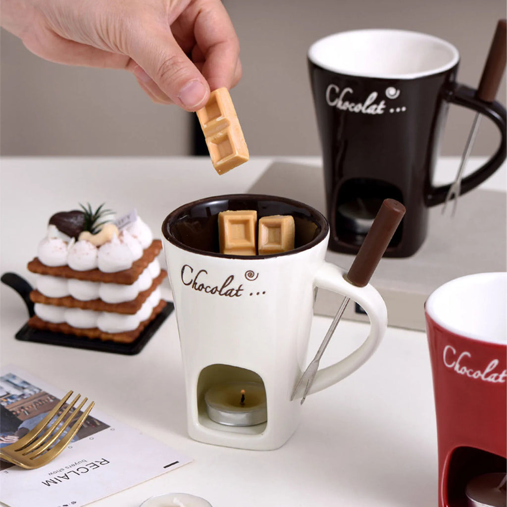 Taza para derretir Chocolate, taza para Fondue, calentador de mantequilla de cerámica, suministros para derretir Chocolate con tenedor para Cocina
