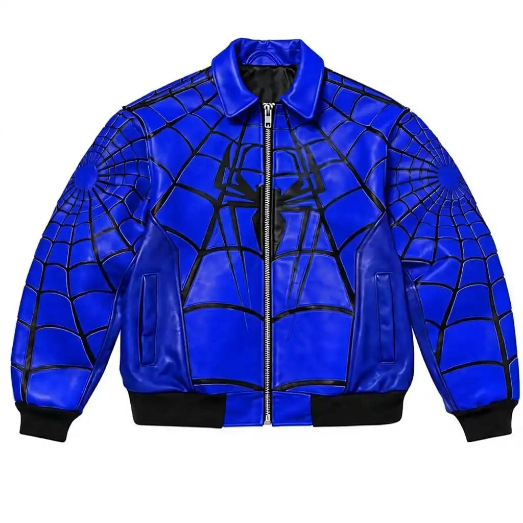 Chaqueta de invierno para hombre de Spider-Man en CUERO auténtico, color negro, con logotipo frontal, cierre de cremallera, cuello alzado y estilo motero. "modelos limitados" amarillo-rojo-azul