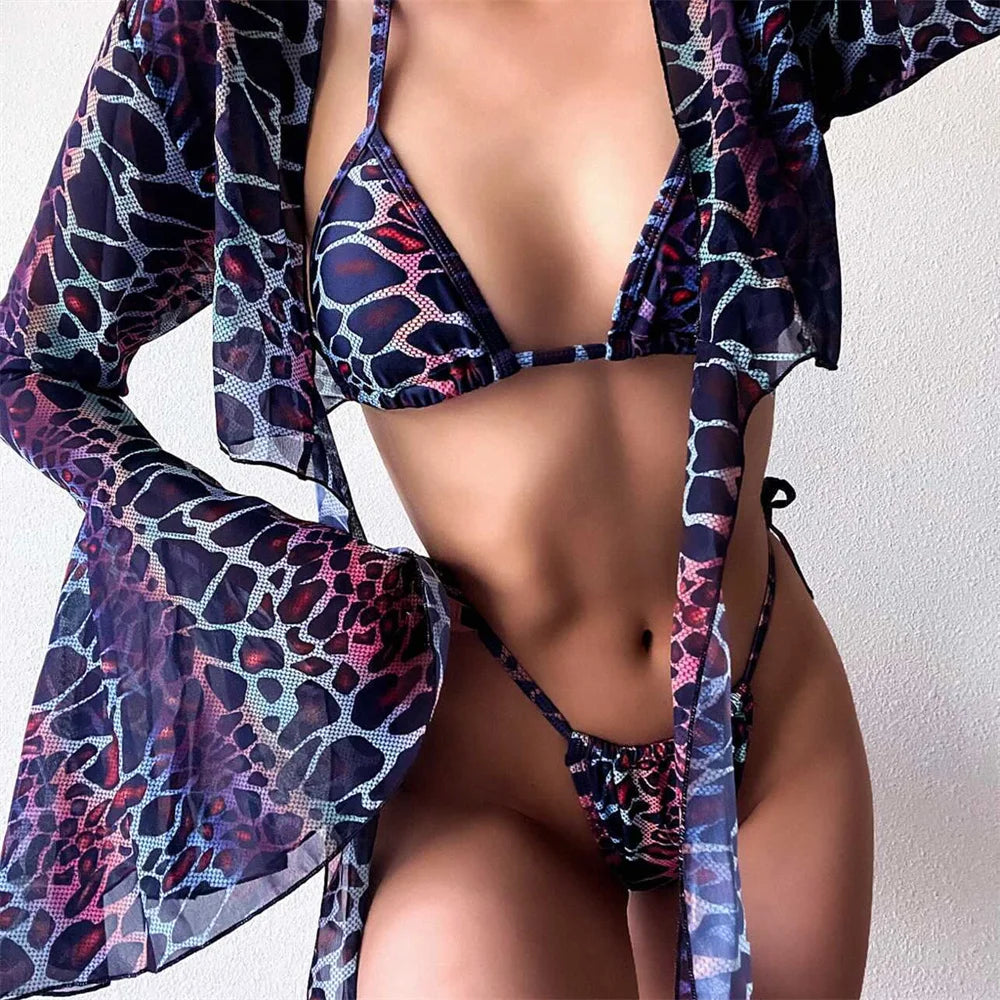 Traje de baño de 3 piezas con estampado Y2K para mujer, traje de baño de 3 piezas con estampado de manga acampanada para cubrir el Bikini con cordón extremo