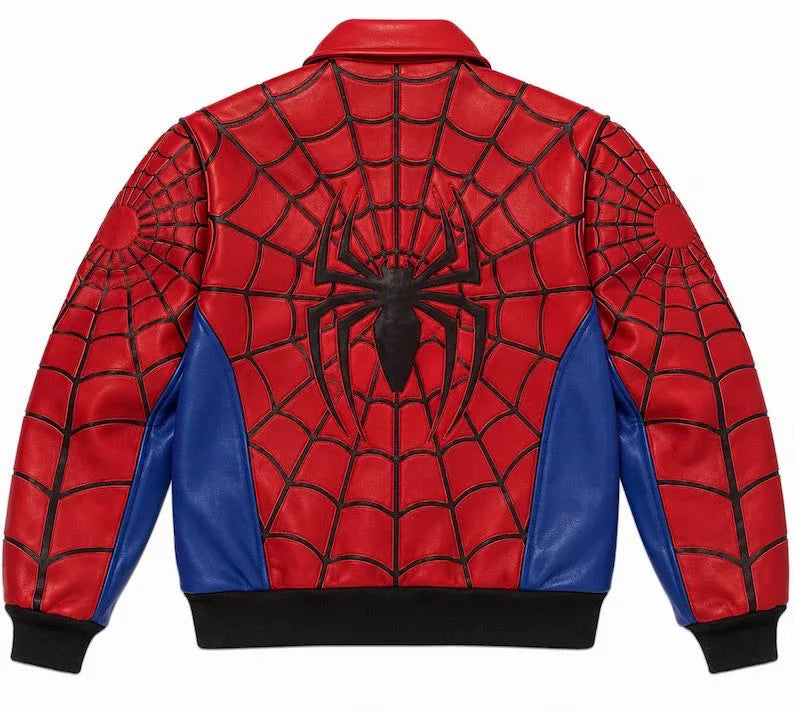 Chaqueta de invierno para hombre de Spider-Man en CUERO auténtico, color negro, con logotipo frontal, cierre de cremallera, cuello alzado y estilo motero. "modelos limitados" amarillo-rojo-azul