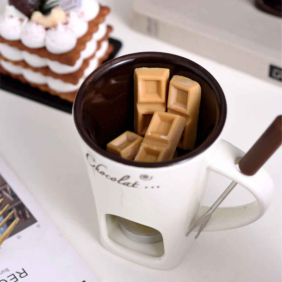 Taza para derretir Chocolate, taza para Fondue, calentador de mantequilla de cerámica, suministros para derretir Chocolate con tenedor para Cocina