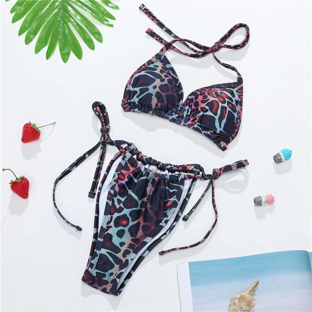 Traje de baño de 3 piezas con estampado Y2K para mujer, traje de baño de 3 piezas con estampado de manga acampanada para cubrir el Bikini con cordón extremo
