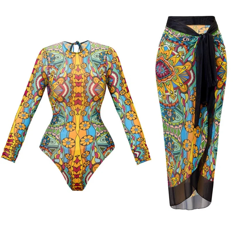 Nuevo traje de baño Sexy de cintura alta, traje de baño de verano para mujer, conjunto de Bikini, traje de baño de manga larga, traje de baño de playa para mujer
