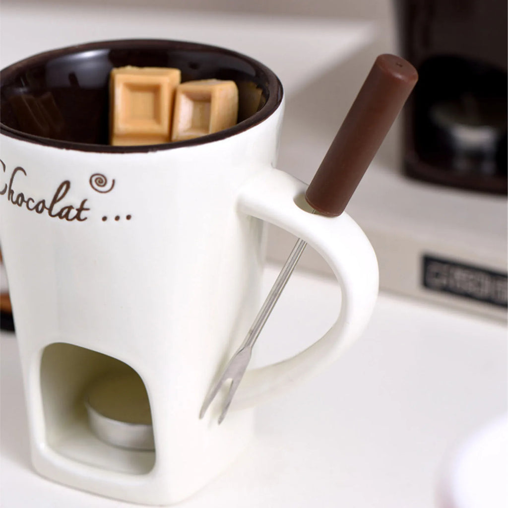 Taza para derretir Chocolate, taza para Fondue, calentador de mantequilla de cerámica, suministros para derretir Chocolate con tenedor para Cocina