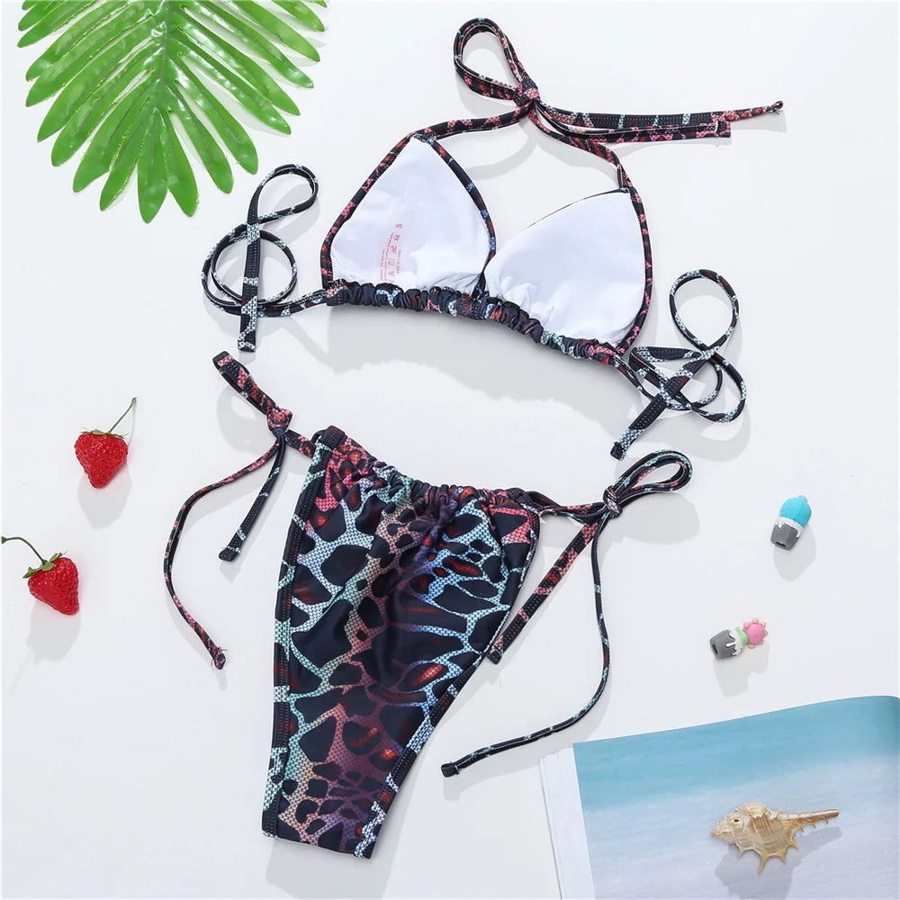 Traje de baño de 3 piezas con estampado Y2K para mujer, traje de baño de 3 piezas con estampado de manga acampanada para cubrir el Bikini con cordón extremo