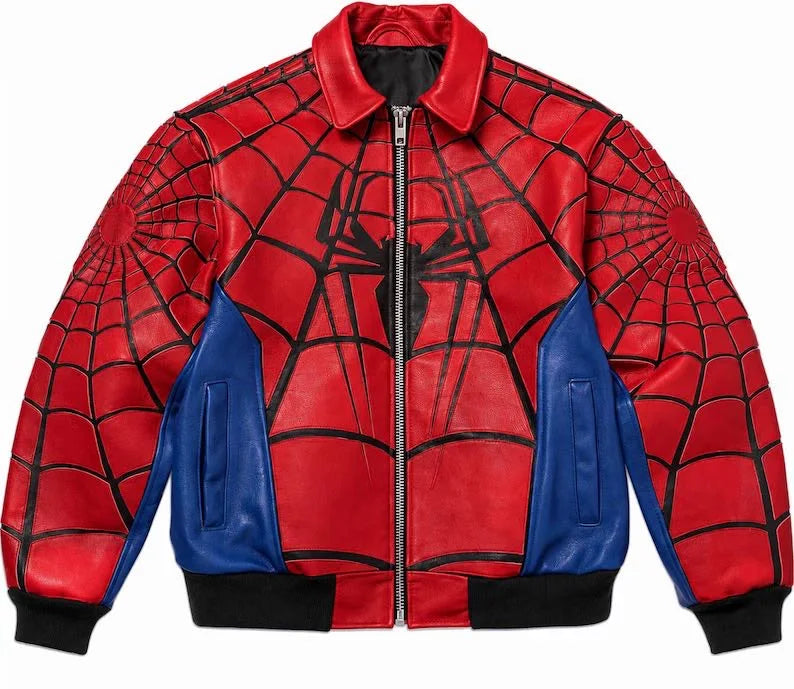Chaqueta de invierno para hombre de Spider-Man en CUERO auténtico, color negro, con logotipo frontal, cierre de cremallera, cuello alzado y estilo motero. "modelos limitados" amarillo-rojo-azul