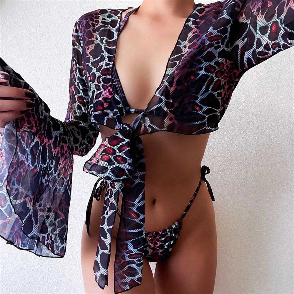 Traje de baño de 3 piezas con estampado Y2K para mujer, traje de baño de 3 piezas con estampado de manga acampanada para cubrir el Bikini con cordón extremo