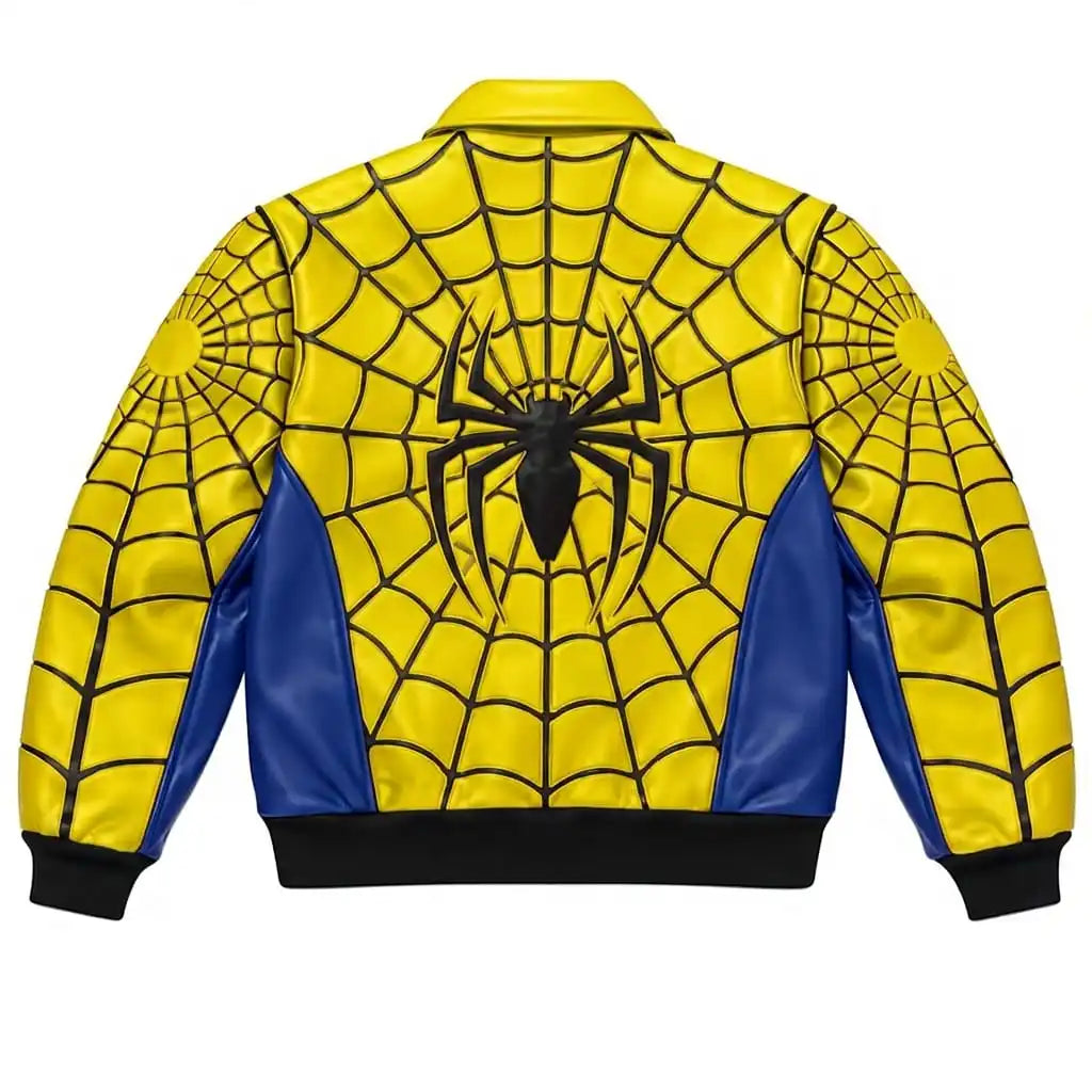 Chaqueta de invierno para hombre de Spider-Man en CUERO auténtico, color negro, con logotipo frontal, cierre de cremallera, cuello alzado y estilo motero. "modelos limitados" amarillo-rojo-azul