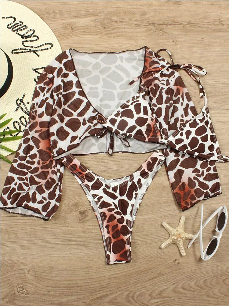 Bikini brasileño con estampado de leopardo para mujer, traje de baño de 3 piezas con estampado de leopardo, acolchado con realce, Tanga de manga larga diferentes colores.