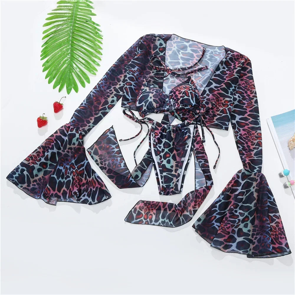 Traje de baño de 3 piezas con estampado Y2K para mujer, traje de baño de 3 piezas con estampado de manga acampanada para cubrir el Bikini con cordón extremo