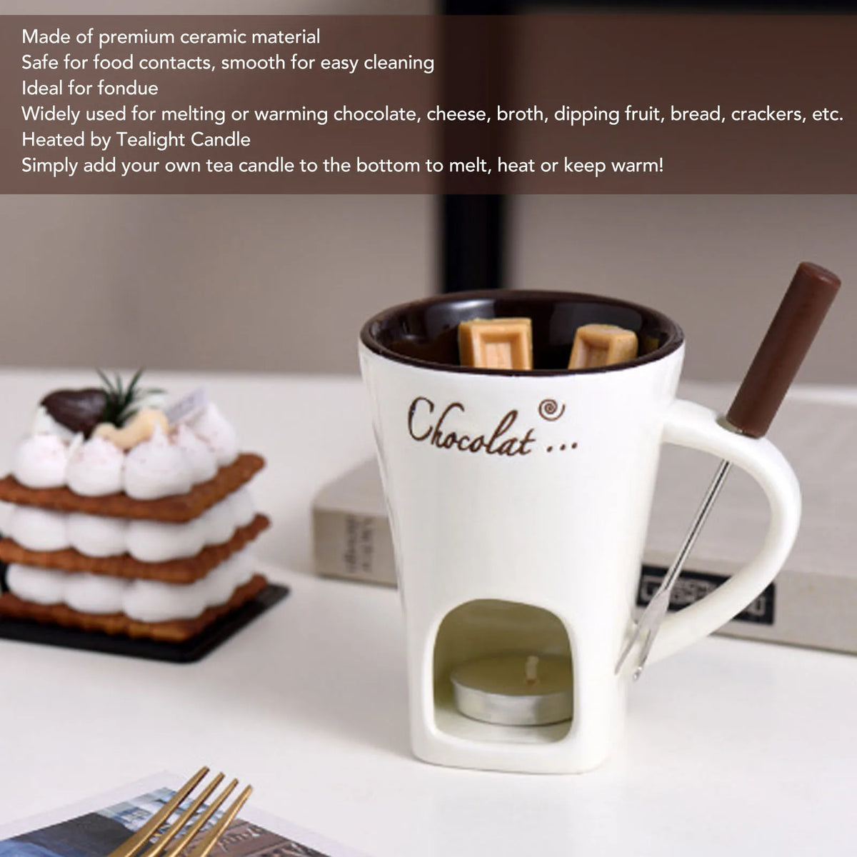Taza para derretir Chocolate, taza para Fondue, calentador de mantequilla de cerámica, suministros para derretir Chocolate con tenedor para Cocina