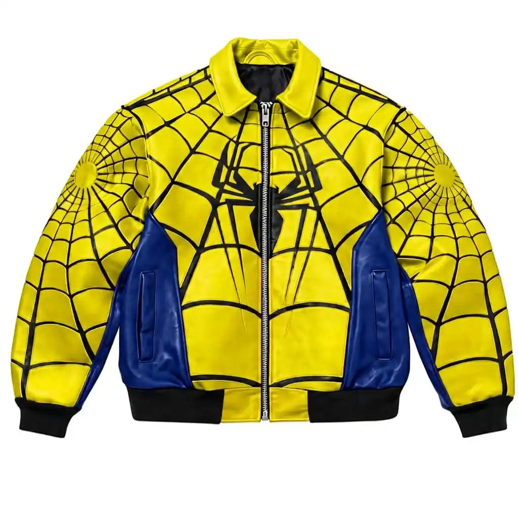 Chaqueta de invierno para hombre de Spider-Man en CUERO auténtico, color negro, con logotipo frontal, cierre de cremallera, cuello alzado y estilo motero. "modelos limitados" amarillo-rojo-azul
