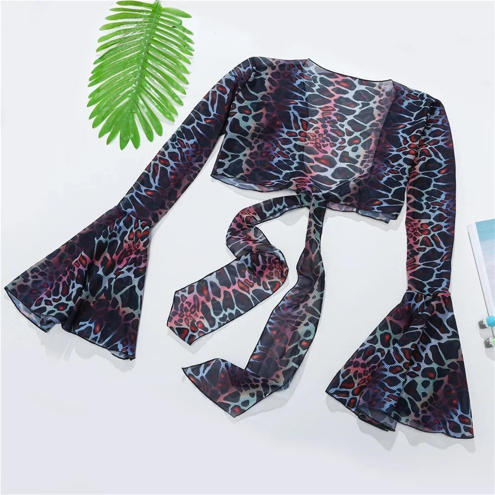 Traje de baño de 3 piezas con estampado Y2K para mujer, traje de baño de 3 piezas con estampado de manga acampanada para cubrir el Bikini con cordón extremo