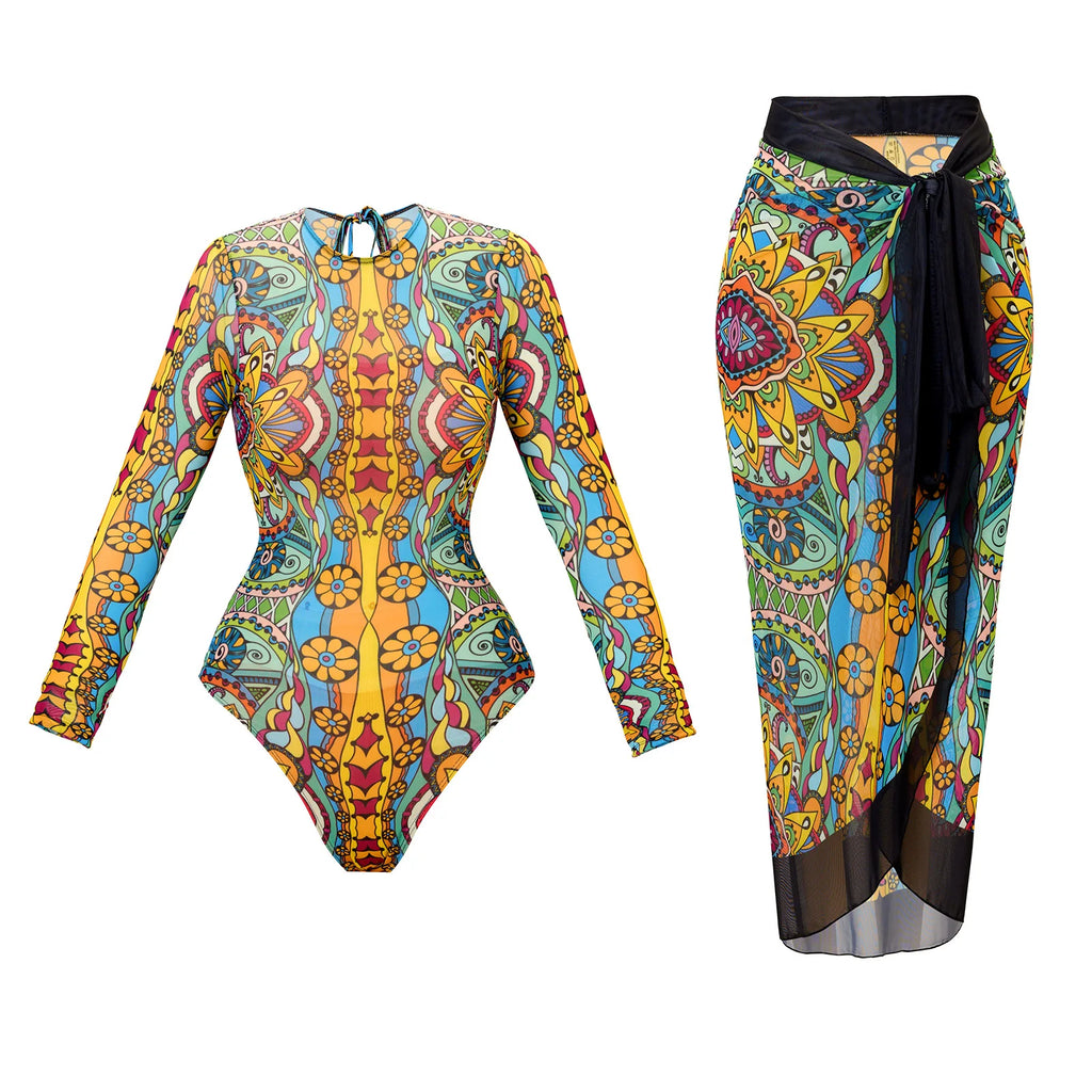 Nuevo traje de baño Sexy de cintura alta, traje de baño de verano para mujer, conjunto de Bikini, traje de baño de manga larga, traje de baño de playa para mujer