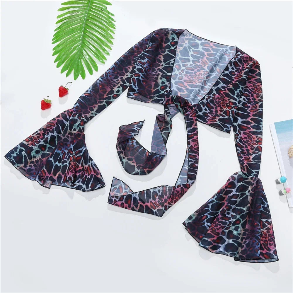 Traje de baño de 3 piezas con estampado Y2K para mujer, traje de baño de 3 piezas con estampado de manga acampanada para cubrir el Bikini con cordón extremo