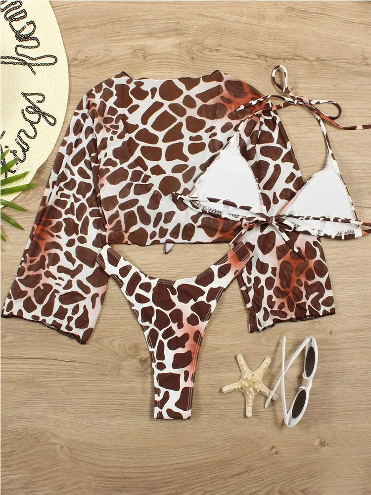 Bikini brasileño con estampado de leopardo para mujer, traje de baño de 3 piezas con estampado de leopardo, acolchado con realce, Tanga de manga larga diferentes colores.