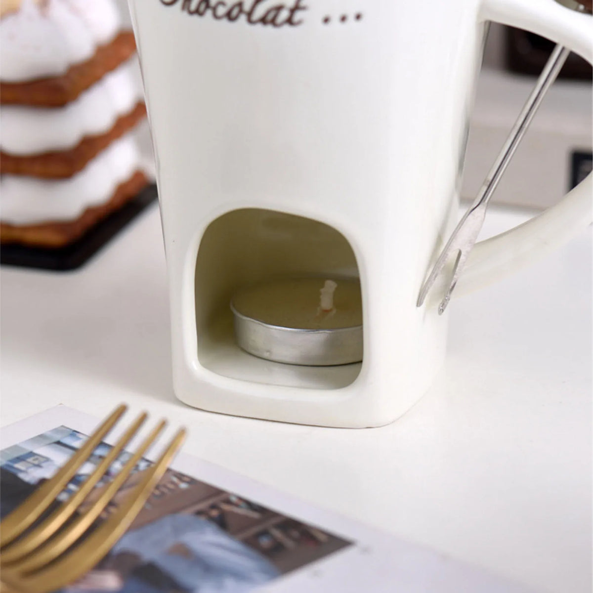 Taza para derretir Chocolate, taza para Fondue, calentador de mantequilla de cerámica, suministros para derretir Chocolate con tenedor para Cocina