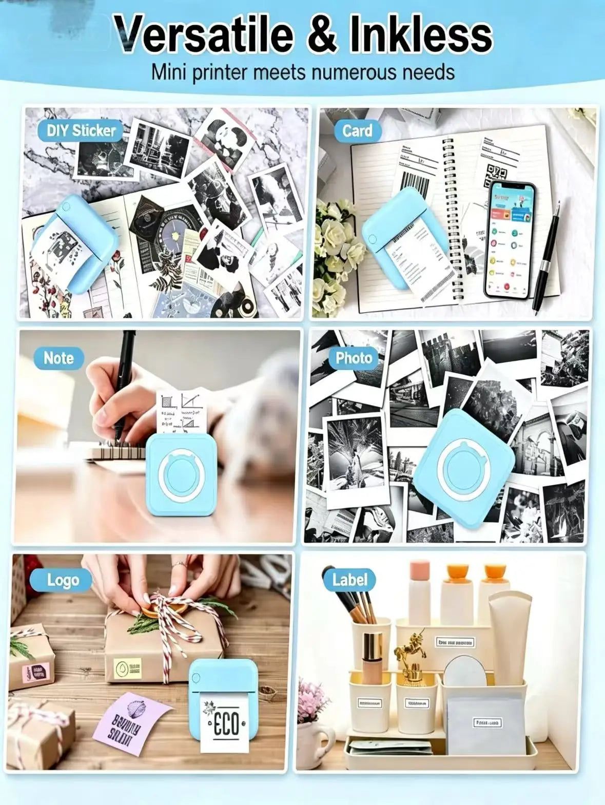 Mini Impresora para iPhone y Android, Impresora de Etiquetas Inalámbrica, Mini Impresora Térmica Portátil BT para Imprimir etiquetas/pegatinas -> Mini Printer for iPhone and Android, Wireless Label Printer, BT Portable Thermal Printer for Printing Labels/