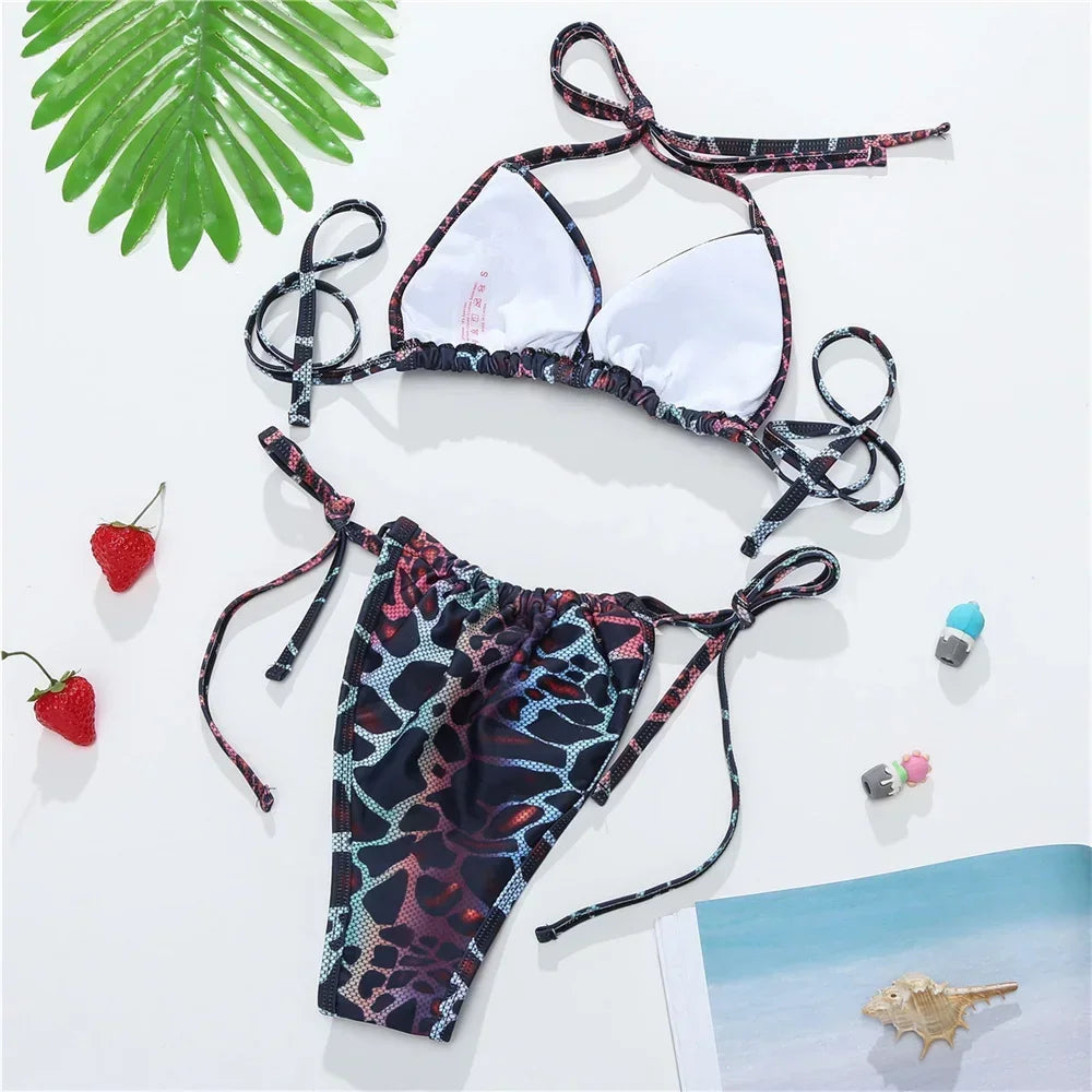 Traje de baño de 3 piezas con estampado Y2K para mujer, traje de baño de 3 piezas con estampado de manga acampanada para cubrir el Bikini con cordón extremo